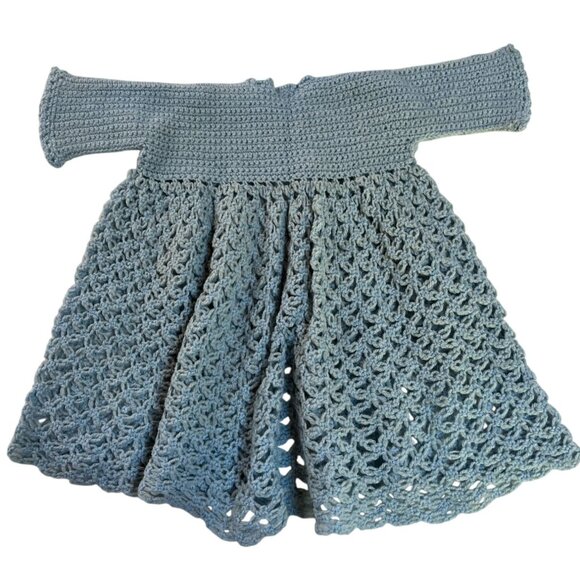 Vintage 50s Infant Handmade Blue Crochet Baby Dress Coat Cardigan With Open Knit - Picture 2 of 6